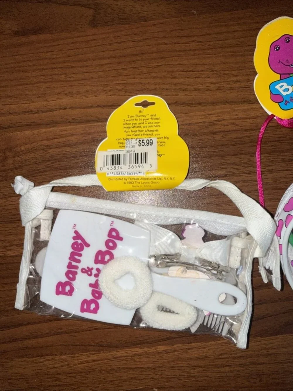 Vintage '93 Barney & Baby Bop Child’s Hand Mirror & Comb, Barrette Hair Ties NEW